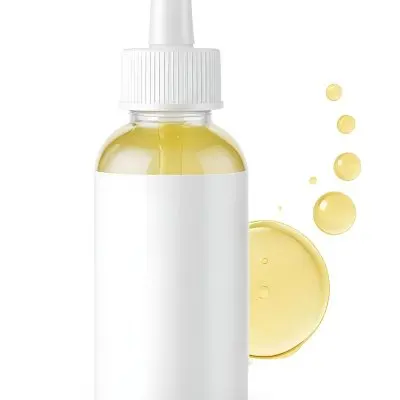 A Clear Glass Bottle With A White Dropper Cap Filled With A Yellow Liquid The Bottle Is Set Against A Plain White Background With Some Yellow Droplets Or Splashes Visible 1