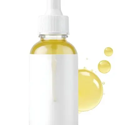 A Clear Glass Bottle With A White Dropper Cap Filled With A Yellow Liquid The Bottle Is Set Against A Plain White Background With Some Yellow Droplets Or Splashes Visible 11 45ce