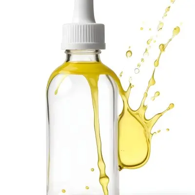 A Clear Glass Bottle With A White Dropper Cap Filled With A Yellow Liquid The Bottle Is Set Against A Plain White Background With Some Yellow Droplets Or Splashes Visible 6