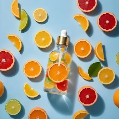 A Clear Glass Dropper Bottle Filled With A Liquid Containing Slices Of Various Citrus Fruits Including Oranges Lemons Limes And Grapefruits The Bottle Has A White Dropper And A Gold Cap Surrounding The Bottle Are Sc 20 C7a8