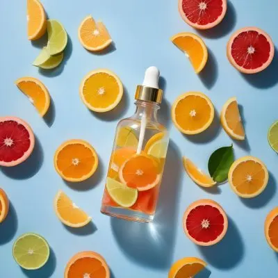 A Clear Glass Dropper Bottle Filled With A Liquid Containing Slices Of Various Citrus Fruits Including Oranges Lemons Limes And Grapefruits The Bottle Has A White Dropper And A Gold Cap Surrounding The Bottle Are Sc 23 6964