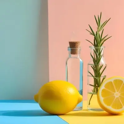 A Clear Glass Dropper Bottle Filled With A Liquid Placed On A Blue And Yellow Surface Next To The Bottle There Is A Whole Lemon And A Sliced Lemon Along With A Sprig Of Rosemary The Background Features Pastel Colors 17 52cd