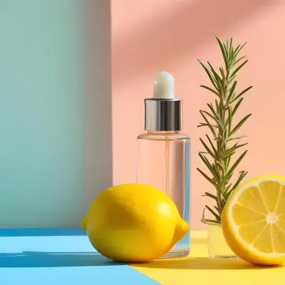 A Clear Glass Dropper Bottle Filled With A Liquid Placed On A Blue And Yellow Surface Next To The Bottle There Is A Whole Lemon And A Sliced Lemon Along With A Sprig Of Rosemary The Background Features Pastel Colors 24 Db4b