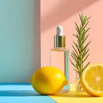 A Clear Glass Dropper Bottle Filled With A Liquid Placed On A Blue And Yellow Surface Next To The Bottle There Is A Whole Lemon And A Sliced Lemon Along With A Sprig Of Rosemary The Background Features Pastel Colors 30 4bfb