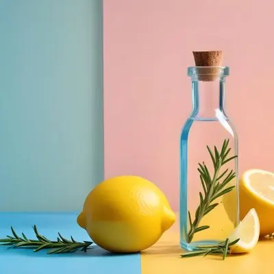 A Clear Glass Dropper Bottle Filled With A Liquid Placed On A Blue And Yellow Surface Next To The Bottle There Is A Whole Lemon And A Sliced Lemon Along With A Sprig Of Rosemary The Background Features Pastel Colors 4 7469