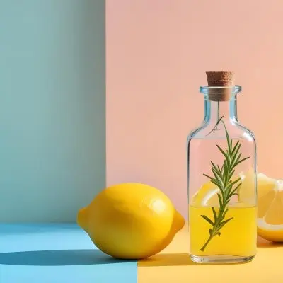 A Clear Glass Dropper Bottle Filled With A Liquid Placed On A Blue And Yellow Surface Next To The Bottle There Is A Whole Lemon And A Sliced Lemon Along With A Sprig Of Rosemary The Background Features Pastel Colors 7 71c9