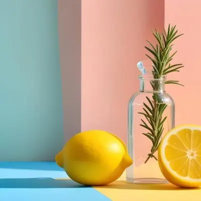 A Clear Glass Dropper Bottle Filled With Liquid Placed On A Colorful Background With Pastel Blue And Pink Sections Next To The Bottle There Is A Whole Lemon And A Sliced Lemon Along With A Sprig Of Rosemary The Arra 13 A096