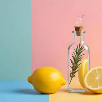 A Clear Glass Dropper Bottle Filled With Liquid Placed On A Colorful Background With Pastel Blue And Pink Sections Next To The Bottle There Is A Whole Lemon And A Sliced Lemon Along With A Sprig Of Rosemary The Arra 14 4e11
