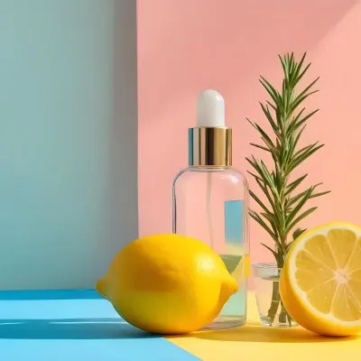 A Clear Glass Dropper Bottle Filled With Liquid Placed On A Colorful Background With Pastel Blue And Pink Sections Next To The Bottle There Is A Whole Lemon And A Sliced Lemon Along With A Sprig Of Rosemary The Arra 20 E157