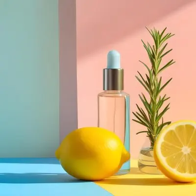 A Clear Glass Dropper Bottle Filled With Liquid Placed On A Colorful Background With Pastel Blue And Pink Sections Next To The Bottle There Is A Whole Lemon And A Sliced Lemon Along With A Sprig Of Rosemary The Arra 22 2359