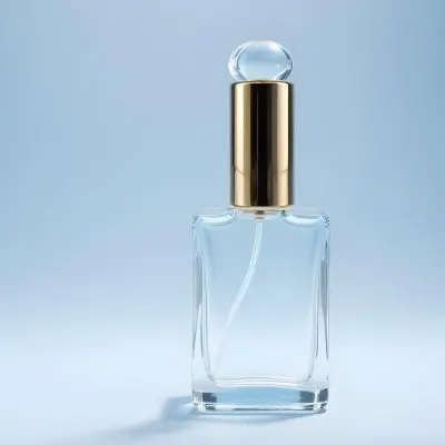 A Clear Glass Perfume Bottle With A Gold Cap The Background Is A Soft Gradient Of Light Blue And White 12 3eb8