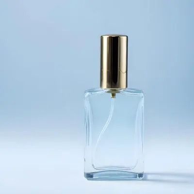 A Clear Glass Perfume Bottle With A Gold Cap The Background Is A Soft Gradient Of Light Blue And White 18 Ab99