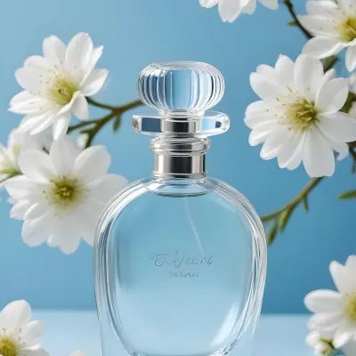 A Clear Glass Perfume Bottle With A Round Stopper Surrounded By Delicate White Flowers On A Soft Blue Background The Bottle Has A Ribbed Design And Reflects Light Creating A Serene And Elegant Appearance 10 Bb05