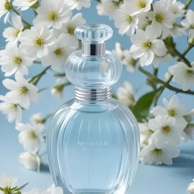 A Clear Glass Perfume Bottle With A Round Stopper Surrounded By Delicate White Flowers On A Soft Blue Background The Bottle Has A Ribbed Design And Reflects Light Creating A Serene And Elegant Appearance 19 A804