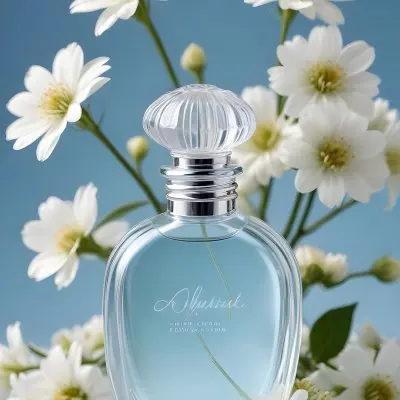 A Clear Glass Perfume Bottle With A Round Stopper Surrounded By Delicate White Flowers On A Soft Blue Background The Bottle Has A Ribbed Design And Reflects Light Creating A Serene And Elegant Appearance 36 8f64