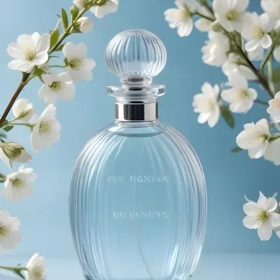 A Clear Glass Perfume Bottle With A Round Stopper Surrounded By Delicate White Flowers On A Soft Blue Background The Bottle Has A Ribbed Design And Reflects Light Creating A Serene And Elegant Appearance 40 B2b0