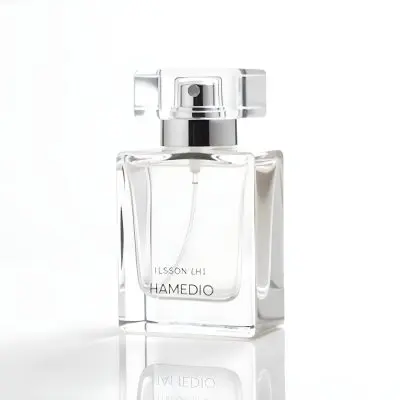 A Clear Glass Perfume Bottle With A Silver Cap Standing On A Reflective Surface Against A Plain White Background 6 2176
