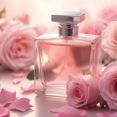 A Clear Glass Perfume Bottle With A Silver Cap Surrounded By Pink Roses The Background Is Filled With Soft Blurred Pink Petals Creating A Romantic And Floral Atmosphere Light Reflects Off The Bottle Enhancing Its 21 Db71