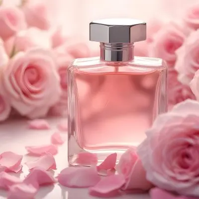 A Clear Glass Perfume Bottle With A Silver Cap Surrounded By Pink Roses The Background Is Filled With Soft Blurred Pink Petals Creating A Romantic And Floral Atmosphere Light Reflects Off The Bottle Enhancing Its Ac8b