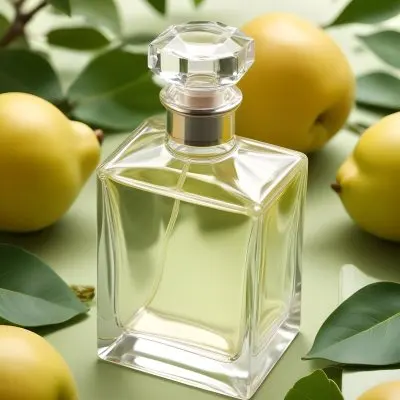 A Clear Glass Perfume Bottle With A Square Cap Placed Among Green Leaves And Yellow Pears The Background Features Soft Natural Lighting Highlighting The Bottle And The Surrounding Fruits 14 0329