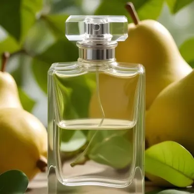 A Clear Glass Perfume Bottle With A Square Cap Placed Among Green Leaves And Yellow Pears The Background Features Soft Natural Lighting Highlighting The Bottle And The Surrounding Fruits 17 A589
