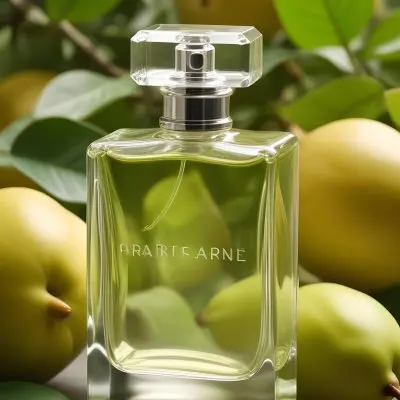 A Clear Glass Perfume Bottle With A Square Cap Placed Among Green Leaves And Yellow Pears The Background Features Soft Natural Lighting Highlighting The Bottle And The Surrounding Fruits 20 4e6b