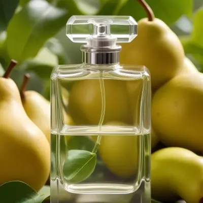 A Clear Glass Perfume Bottle With A Square Cap Placed Among Green Leaves And Yellow Pears The Background Features Soft Natural Lighting Highlighting The Bottle And The Surrounding Fruits 21 9910