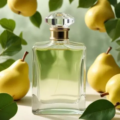 A Clear Glass Perfume Bottle With A Square Cap Placed Among Green Leaves And Yellow Pears The Background Features Soft Natural Lighting Highlighting The Bottle And The Surrounding Fruits 24 654f