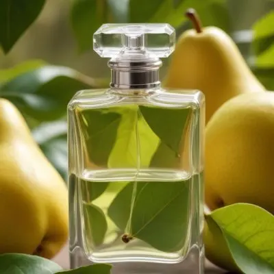 A Clear Glass Perfume Bottle With A Square Cap Placed Among Green Leaves And Yellow Pears The Background Features Soft Natural Lighting Highlighting The Bottle And The Surrounding Fruits 3 F72c