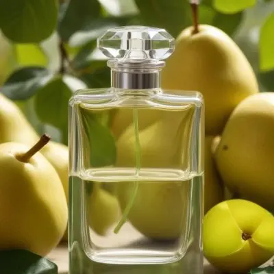 A Clear Glass Perfume Bottle With A Square Cap Placed Among Green Leaves And Yellow Pears The Background Features Soft Natural Lighting Highlighting The Bottle And The Surrounding Fruits 4 Bfce