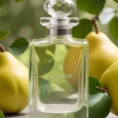 A Clear Glass Perfume Bottle With A Square Cap Placed Among Green Leaves And Yellow Pears The Background Features Soft Natural Lighting Highlighting The Bottle And The Surrounding Fruits 8 D084