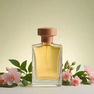 A Clear Glass Perfume Bottle With A Wooden Cap Filled With A Light Amber Liquid The Bottle Is Rectangular With Smooth Edges Next To The Bottle There Are Small Pale Pink Flowers And Green Leaves Set Against A Soft 13 C7d2