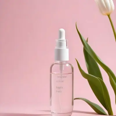 A Clear Serum Bottle With A Dropper A White Arch And A White Tulip Against A Pink Background Showcasing Beauty And Skincare Products 22 D491