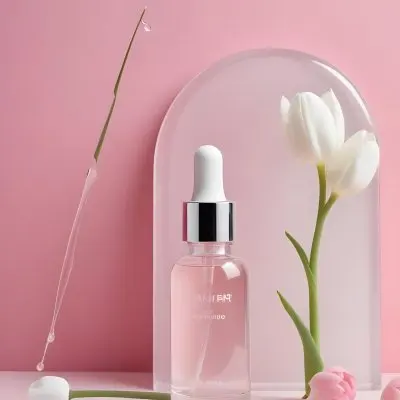A Clear Serum Bottle With A Dropper A White Arch And A White Tulip Against A Pink Background Showcasing Beauty And Skincare Products 29 7a01