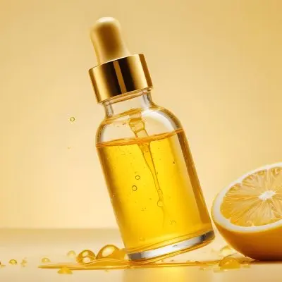 A Close Up Image Of A Glass Bottle Filled With A Golden Colored Liquid Likely A Facial Oil Or Serum The Background Is A Vibrant Yellow Color With Water Droplets And Slices Of Lemon Creating A Refreshing And Na 15 89d5