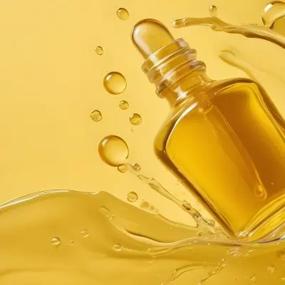 A Close Up Image Of A Glass Bottle Filled With A Golden Colored Liquid Likely A Facial Oil Or Serum The Background Is A Vibrant Yellow Color With Water Droplets And Slices Of Lemon Creating A Refreshing And Na 22 2dc7