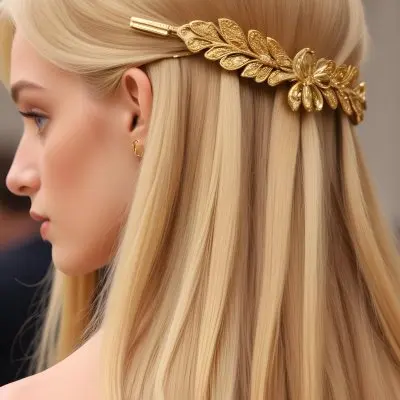A Close Up Image Of Long Straight Blonde Hair With A Golden Hair Accessory Or Ring 4 523e