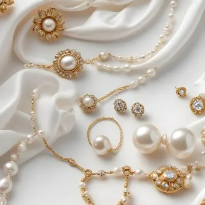 A Close Up Image Of Various Pearl And Gold Jewelry Pieces Including Necklaces Earrings And Brooches Arranged On A White Fabric Background 16 Cf58