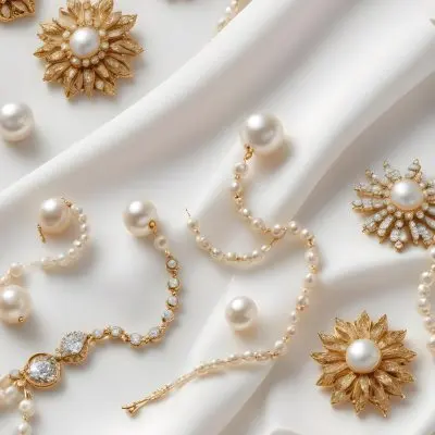 A Close Up Image Of Various Pearl And Gold Jewelry Pieces Including Necklaces Earrings And Brooches Arranged On A White Fabric Background 3 39dd