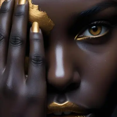 A Close Up Of A Dark Skinned Face With Golden Eyes And Full Lips Partially Obscured By A Hand 6 2a5b