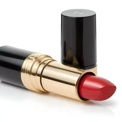 A Close Up Of A Red Lipstick In A Gold And Black Cosmetic Container 2 C63e