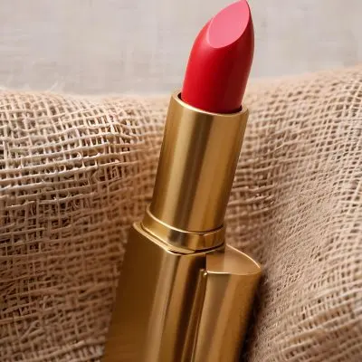 A Close Up Of A Red Lipstick In A Gold Casing On A Burlap Background 4 8a4e