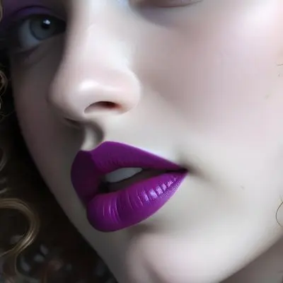 A Close Up Of A White Woman Age 25 With Curly Hair Wearing Purple Lipstick In A Grey Background 12 4fae