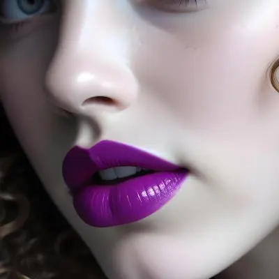 A Close Up Of A White Woman Age 25 With Curly Hair Wearing Purple Lipstick In A Grey Background 32 57c1