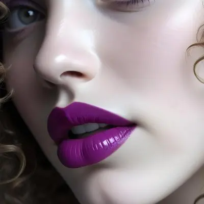 A Close Up Of A White Woman Age 25 With Curly Hair Wearing Purple Lipstick In A Grey Background 36 F008