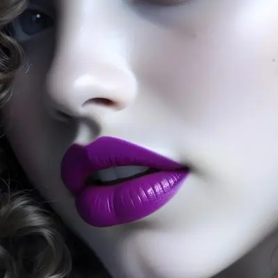 A Close Up Of A White Woman Age 25 With Curly Hair Wearing Purple Lipstick In A Grey Background 6 9216