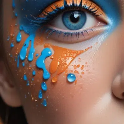 A Close Up Of A Woman S Eye With Vibrant Blue And Orange Makeup With Water Droplets On The Skin Around The Eye 1 7772
