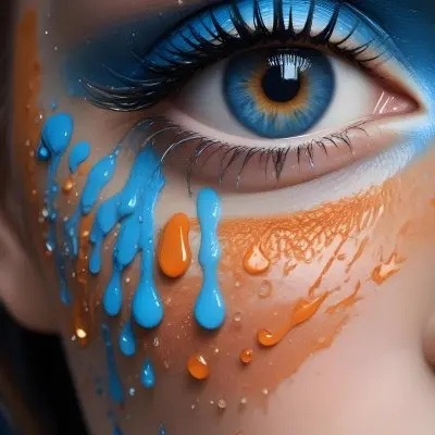 A Close Up Of A Woman S Eye With Vibrant Blue And Orange Makeup With Water Droplets On The Skin Around The Eye 10 C862
