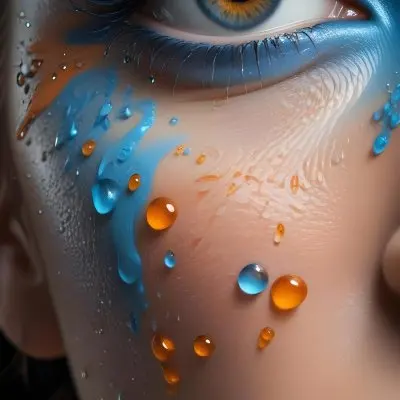 A Close Up Of A Woman S Eye With Vibrant Blue And Orange Makeup With Water Droplets On The Skin Around The Eye 14 9bd5