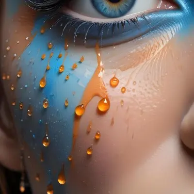 A Close Up Of A Woman S Eye With Vibrant Blue And Orange Makeup With Water Droplets On The Skin Around The Eye 15 35ef